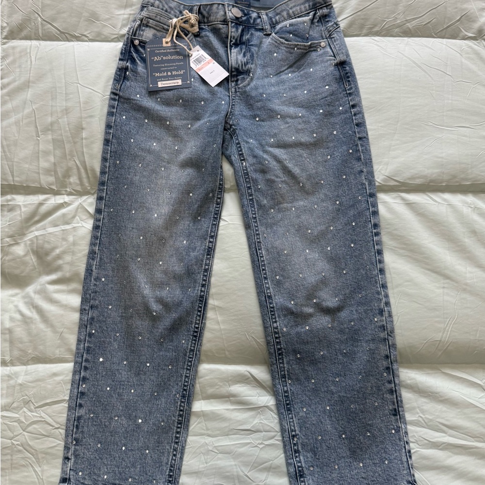 Ab"solution High Rise Round Up Yoke Rhinestone Petite Boyfriend Jeans